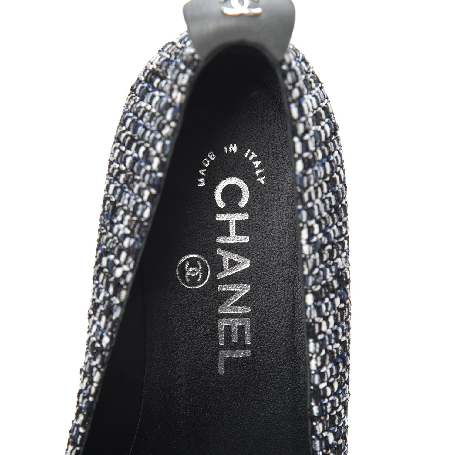Chanel Tweed Lambskin Cap Toe Chain Moccasin Loafers 37 Dark Grey Blue White 5 of 7