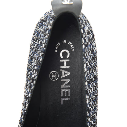 Chanel Tweed Lambskin Cap Toe Chain Moccasin Loafers 37 Dark Grey Blue White 5 of 7