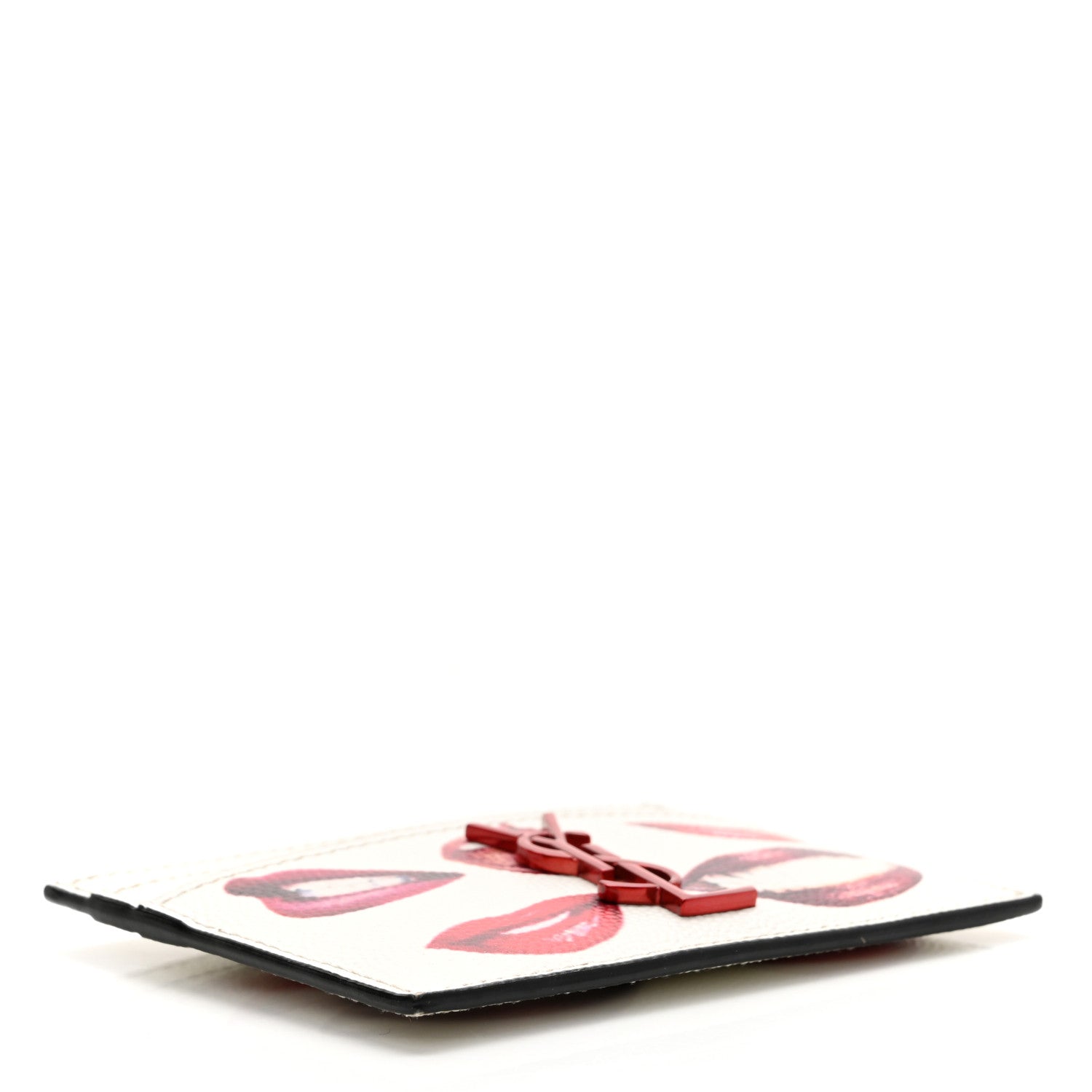 Saint Laurent Grain De Poudre Lips Print Monogram Card Holder White Red 4 of 8