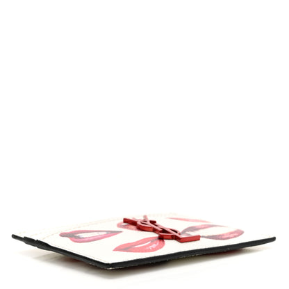 Saint Laurent Grain De Poudre Lips Print Monogram Card Holder White Red 4 of 8