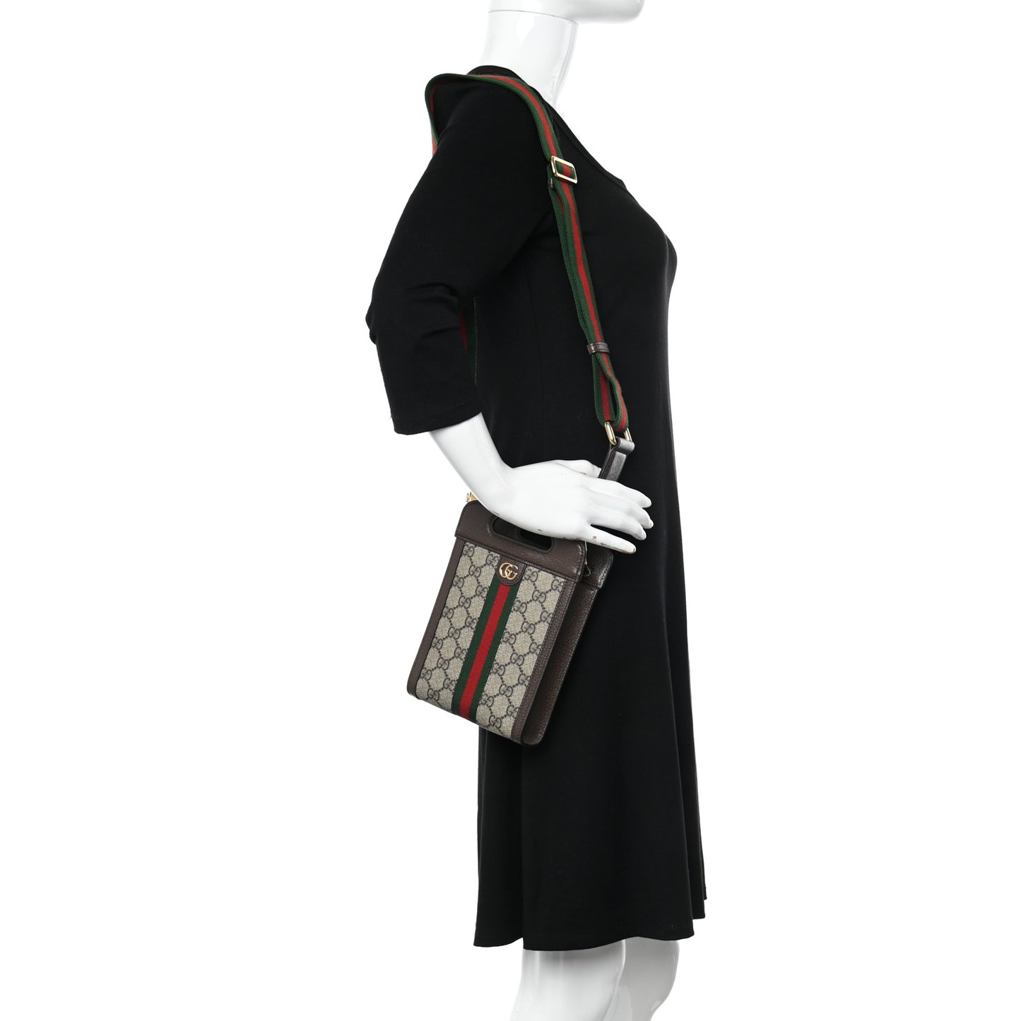 GG Supreme Monogram Textured Dollar Calfskin Web Mini Ophidia Top Slip Handle Crossbody Bag Beige Ebony New Acero