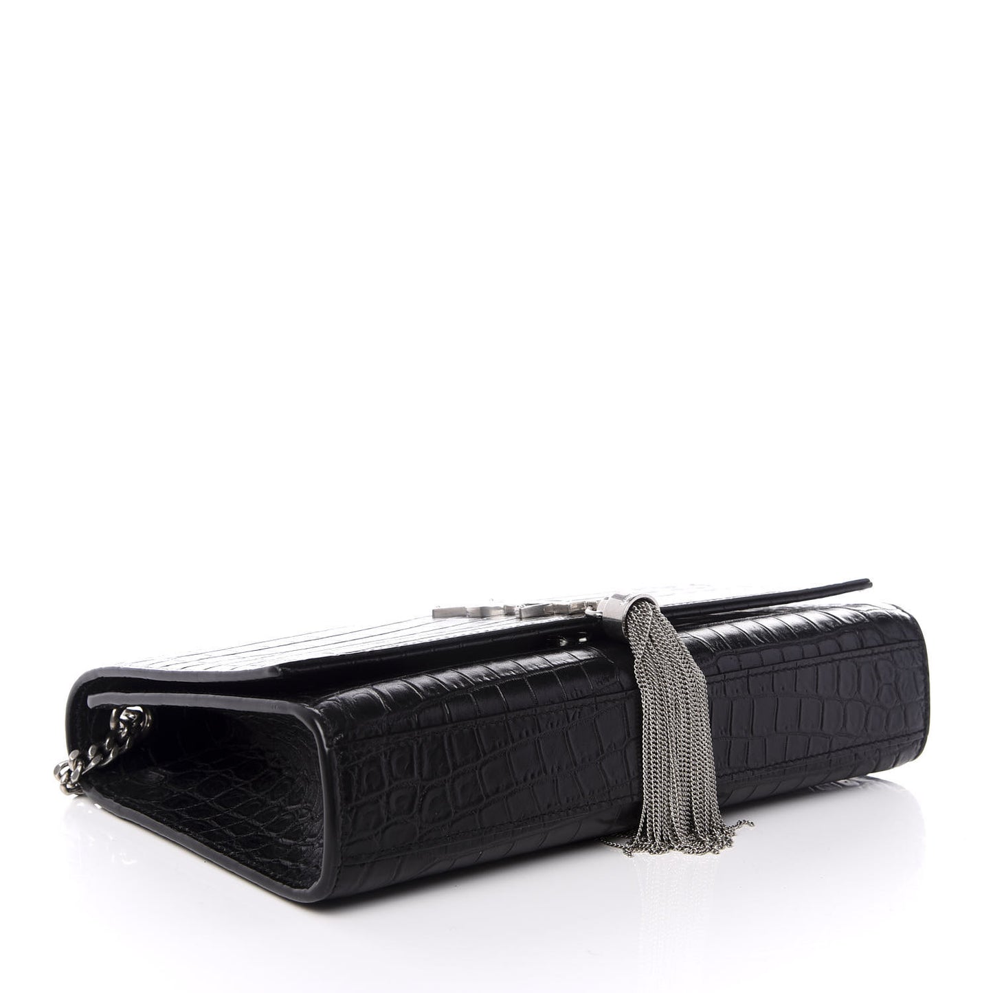 Calfskin Crocodile Embossed Medium Classic Monogram Kate Tassel Satchel Black