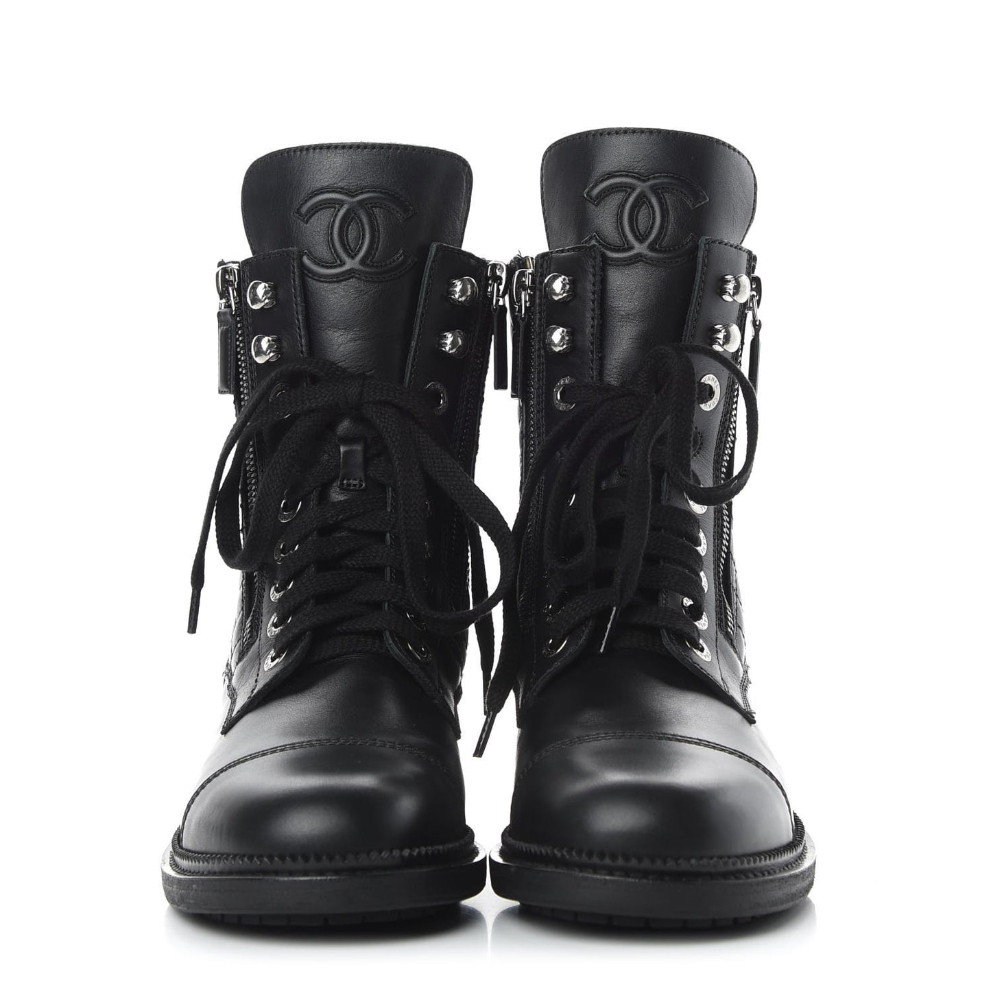 Calfskin Quilted Lace Up Combat Boots 38 Black