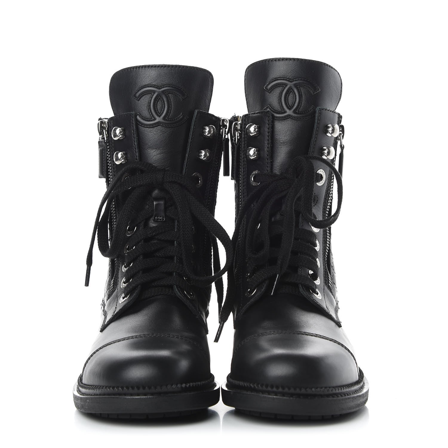 Chanel Calfskin Quilted Lace Up Combat Boots 38 Black 2 of 8