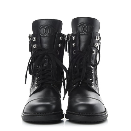 Chanel Calfskin Quilted Lace Up Combat Boots 38 Black 2 of 8