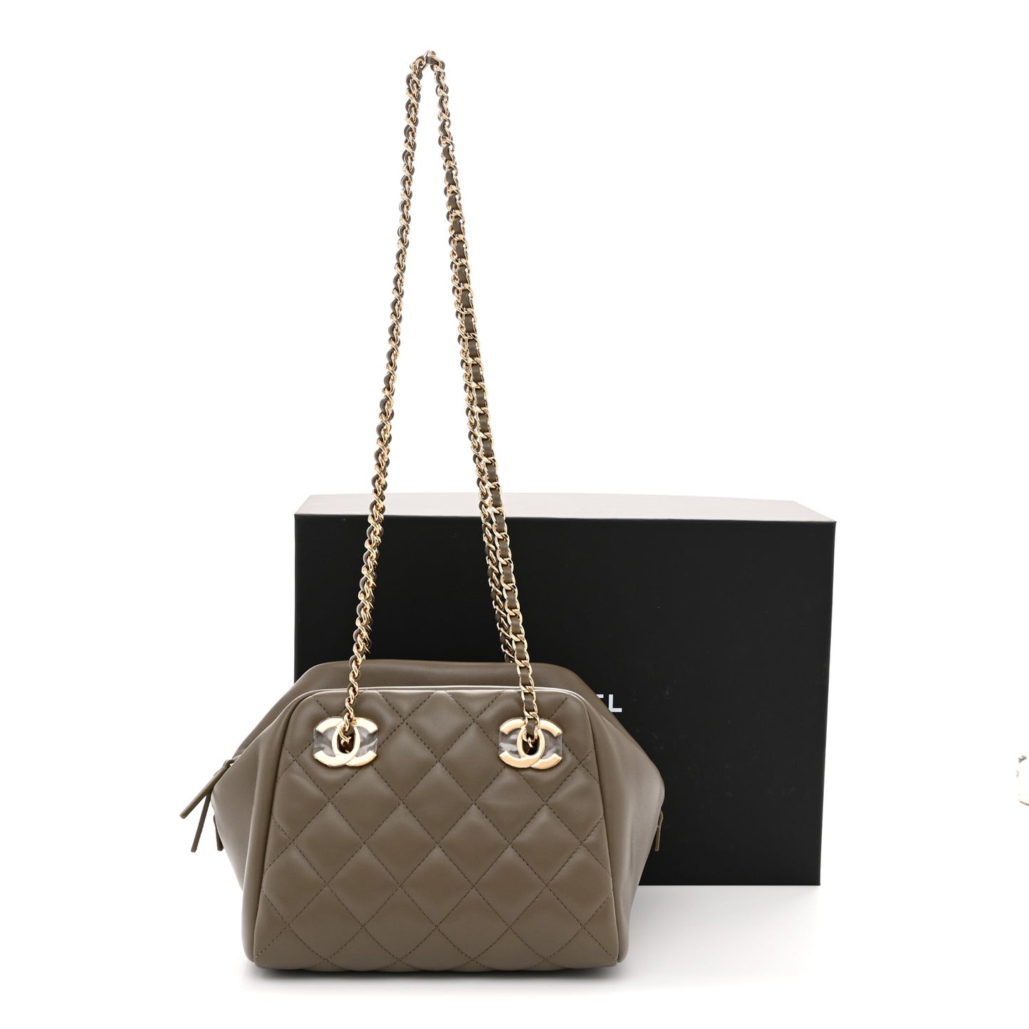 Lambskin Quilted Small CC Bowling Bag Dark Khaki