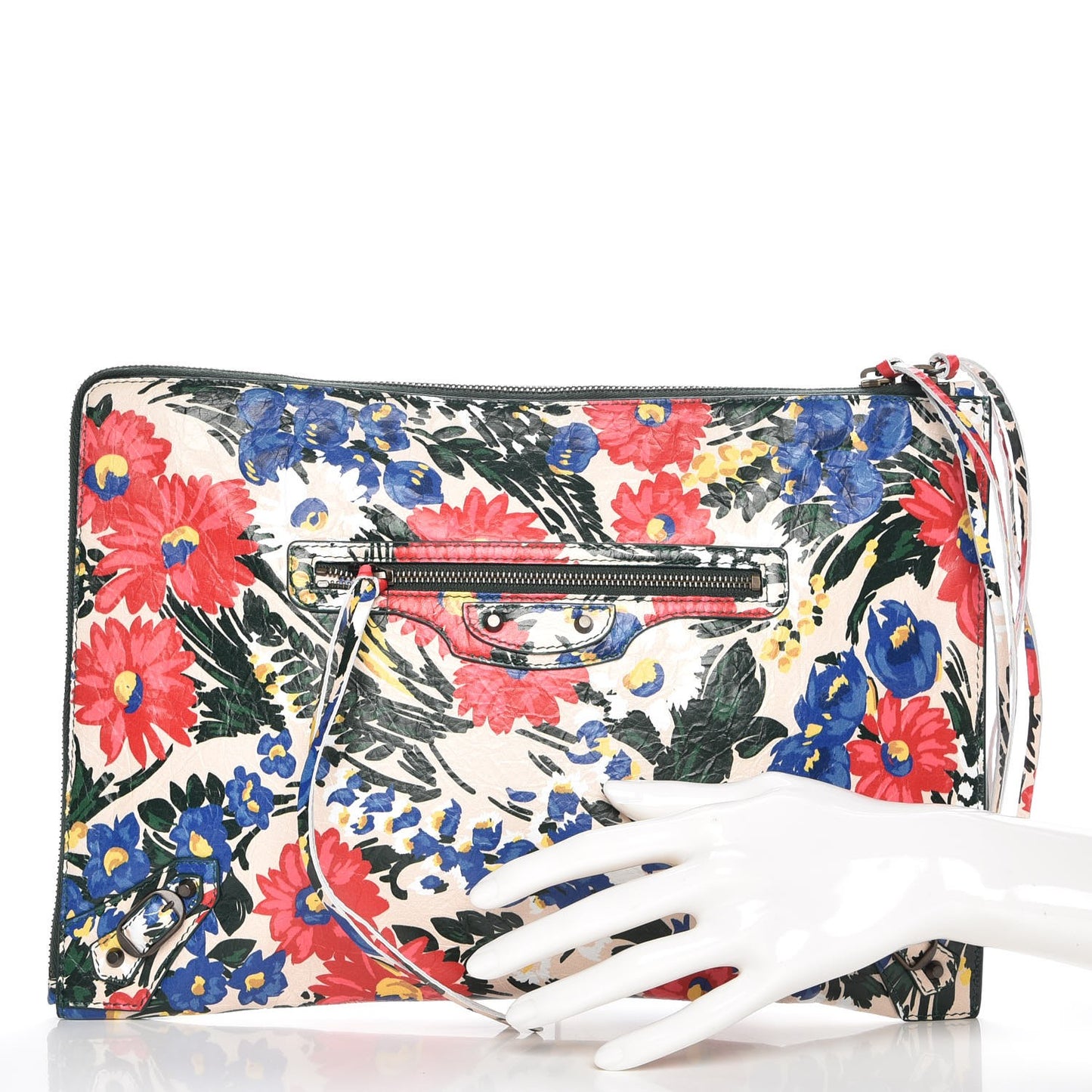 Agneau Classic Hardware Fleurs Small Pouch Beige Red Green