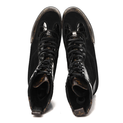 Louis Vuitton Suede Calfskin Crocodile Embossed Patent Monogram Laureate Platform Desert Boots 38 Black 2 of 10