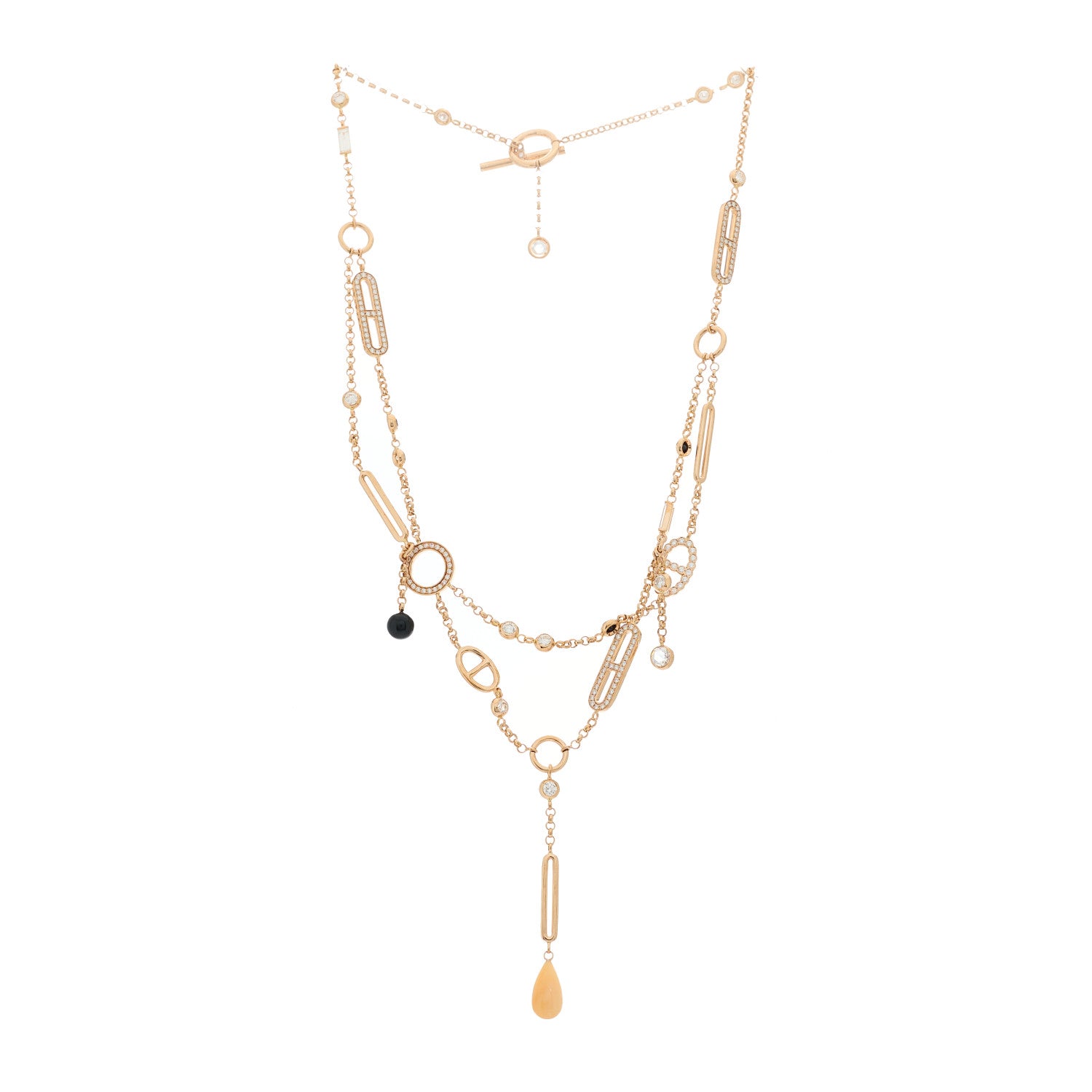 Hermes 18K Rose Gold Diamond Pink Opal Black Jade Chaine d'Ancre Chaos Necklace 3 of 5