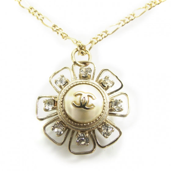 Crystal Pearl Flower CC Pendant Necklace Gold