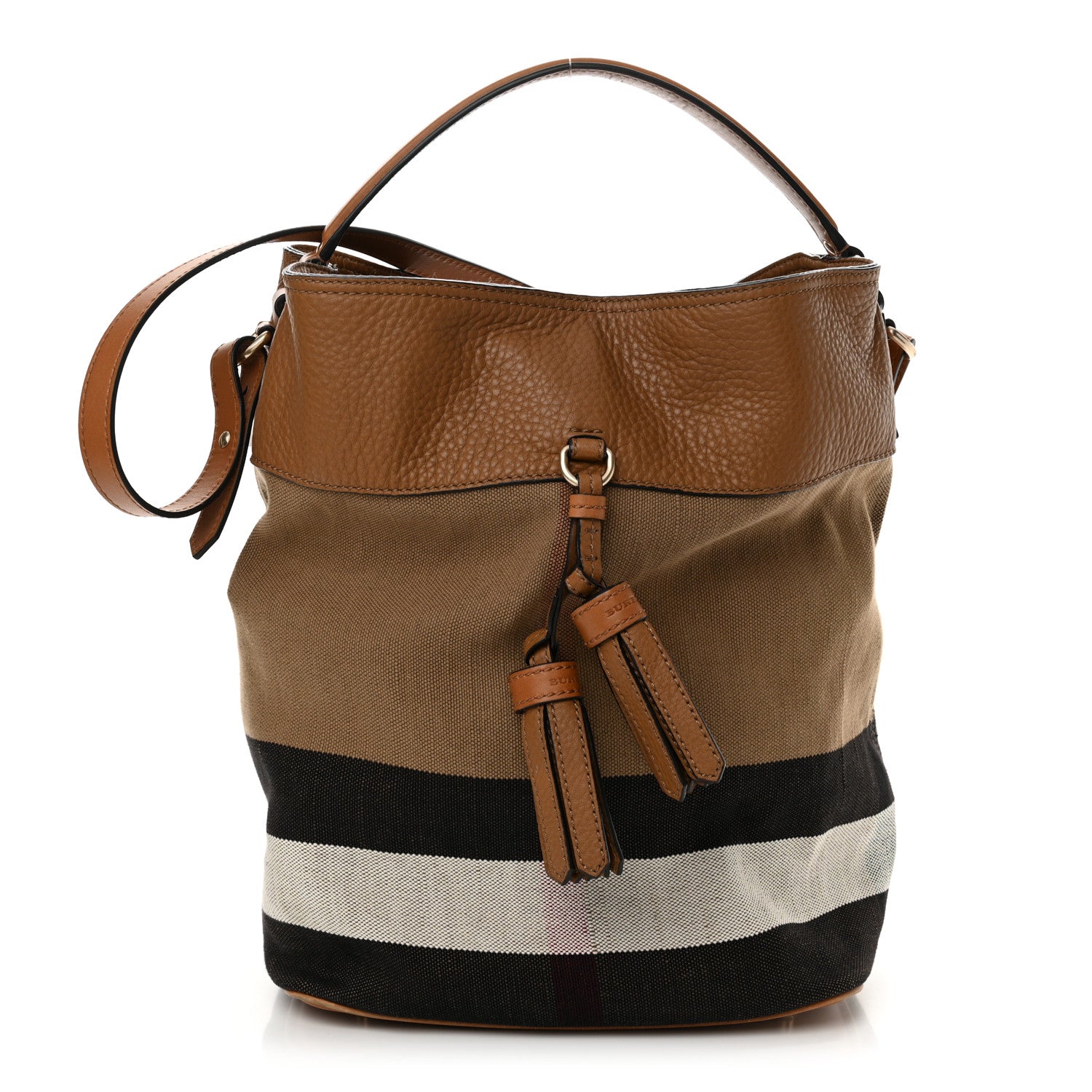 Burberry Grainy Calfskin Canvas Mega Check Medium Ashby Tassel Hobo Saddle Brown 1 of 13