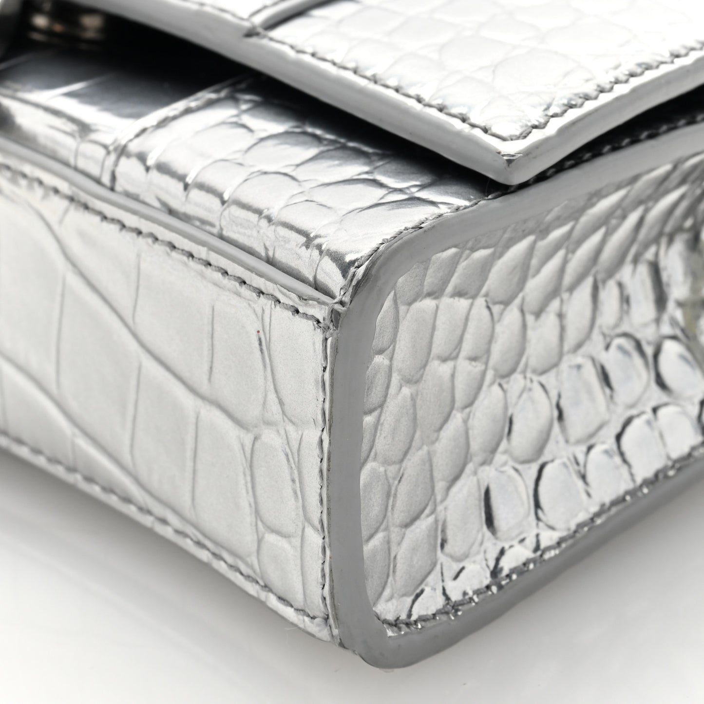 Metallic Calfskin Crocodile Embossed Hourglass Chain Bag Silver Silver