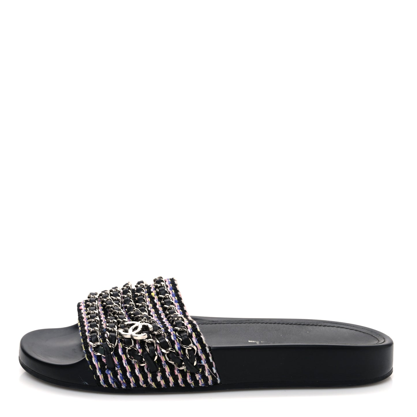 Tweed Lambskin Chain Flat Sandals 37 Black Multicolor