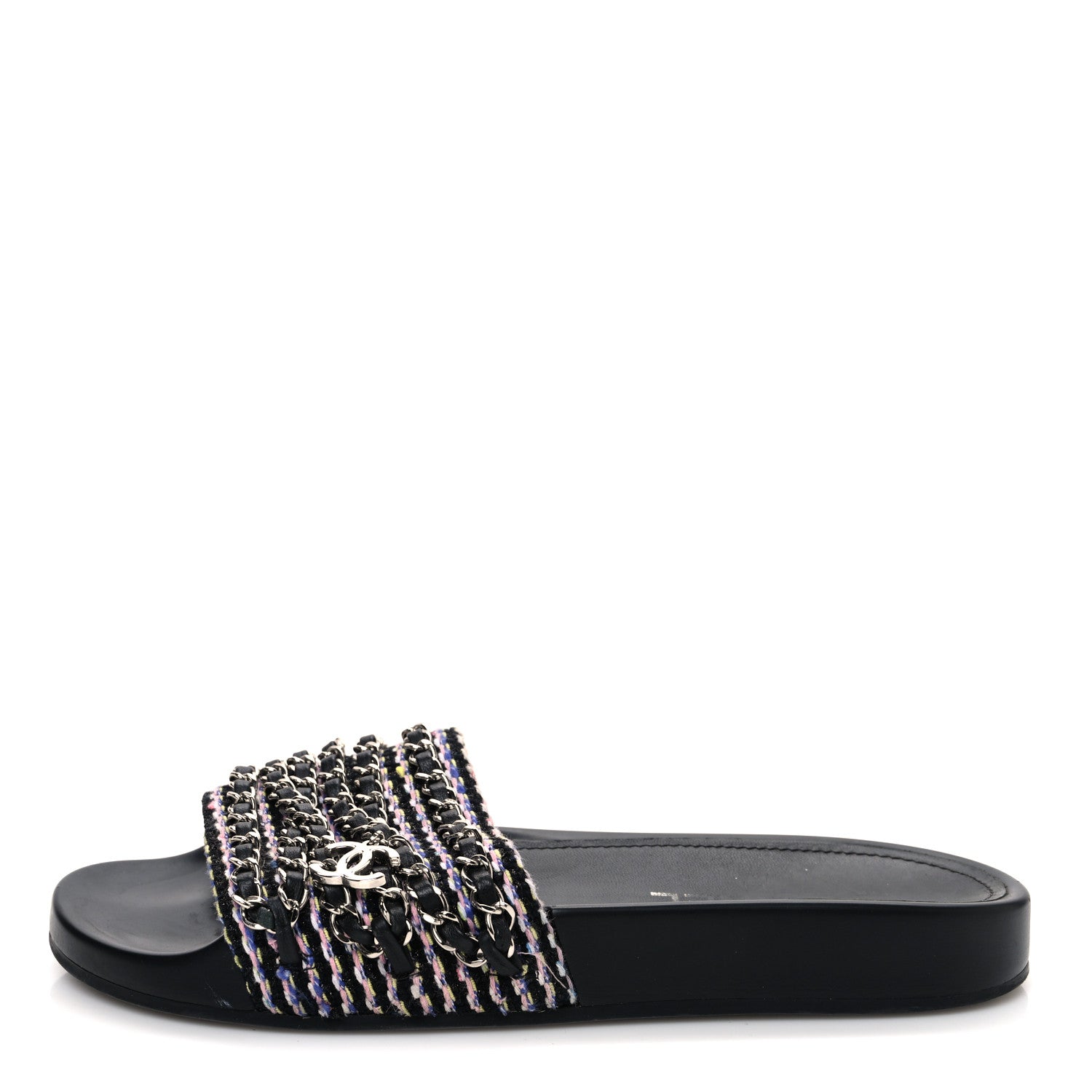 Chanel Tweed Lambskin Chain Flat Sandals 37 Black Multicolor 1 of 12