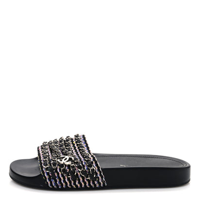 Chanel Tweed Lambskin Chain Flat Sandals 37 Black Multicolor 1 of 12