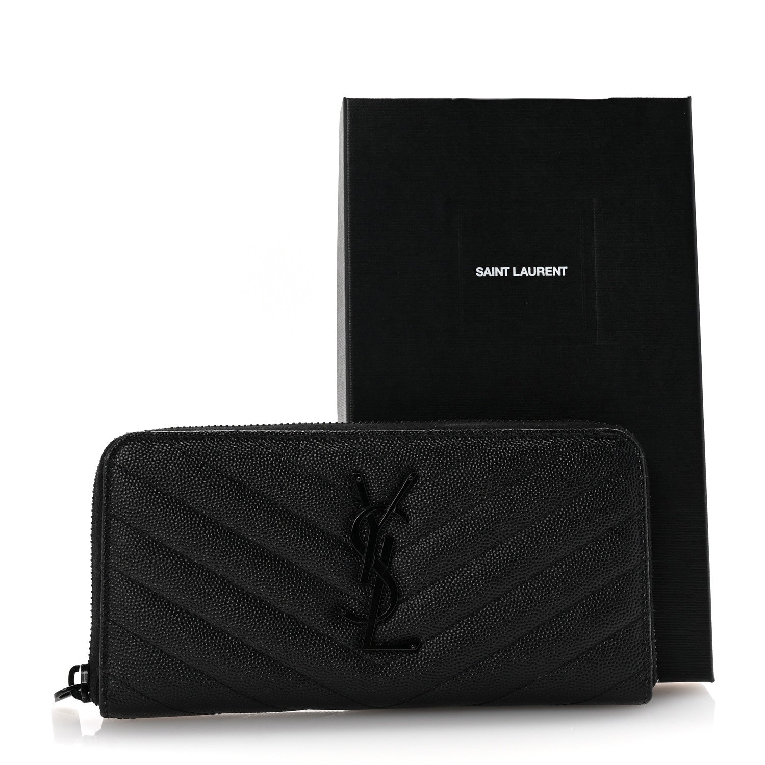 Saint Laurent Grain De Poudre Matelasse Chevron Monogram Monochrome Zip Around Wallet Black 9 of 9