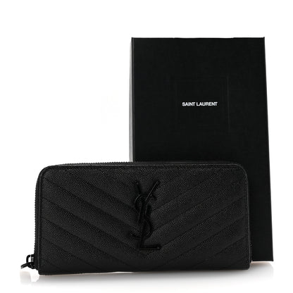 Saint Laurent Grain De Poudre Matelasse Chevron Monogram Monochrome Zip Around Wallet Black 9 of 9