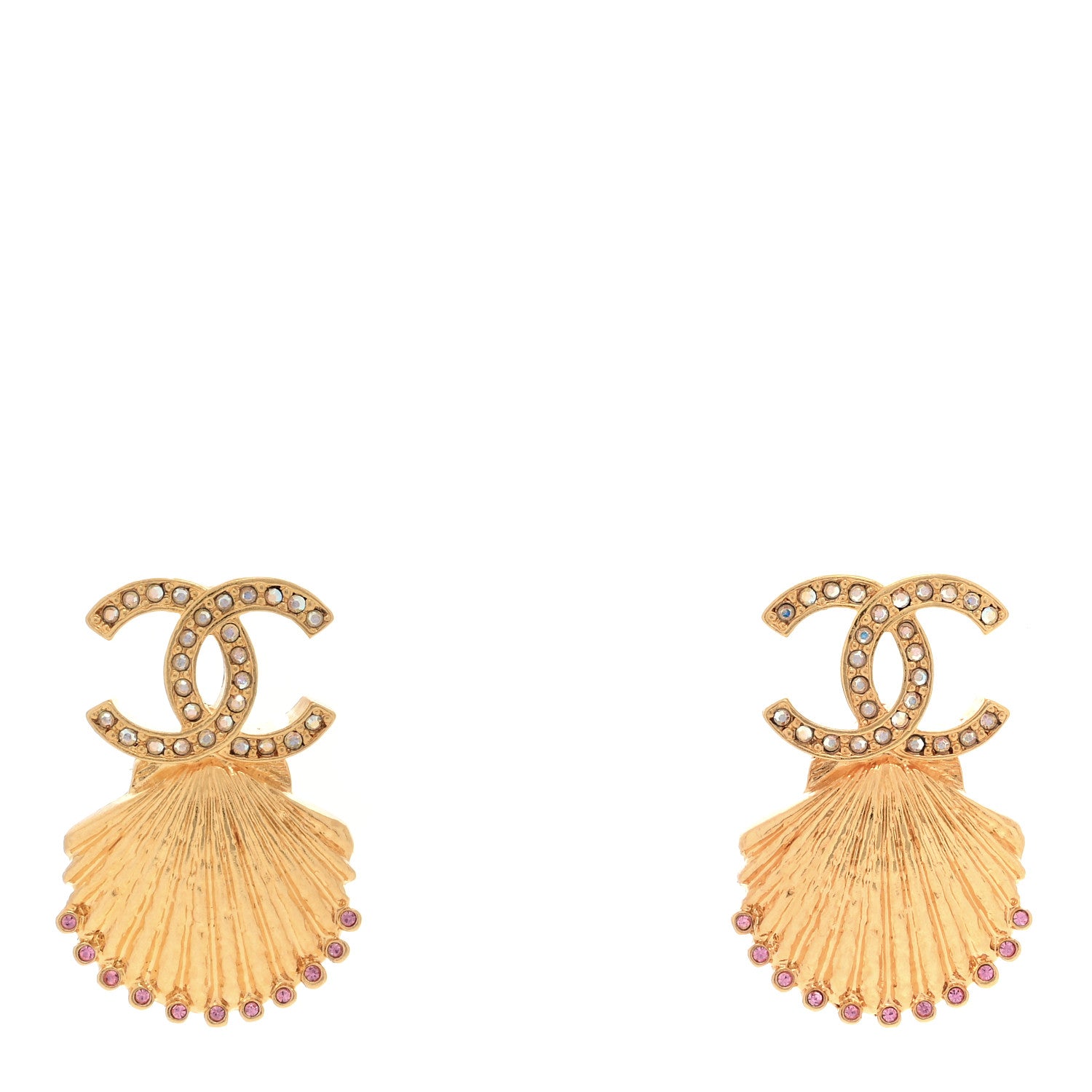 Chanel Crystal CC Shell Earrings Gold Pink 1 of 4