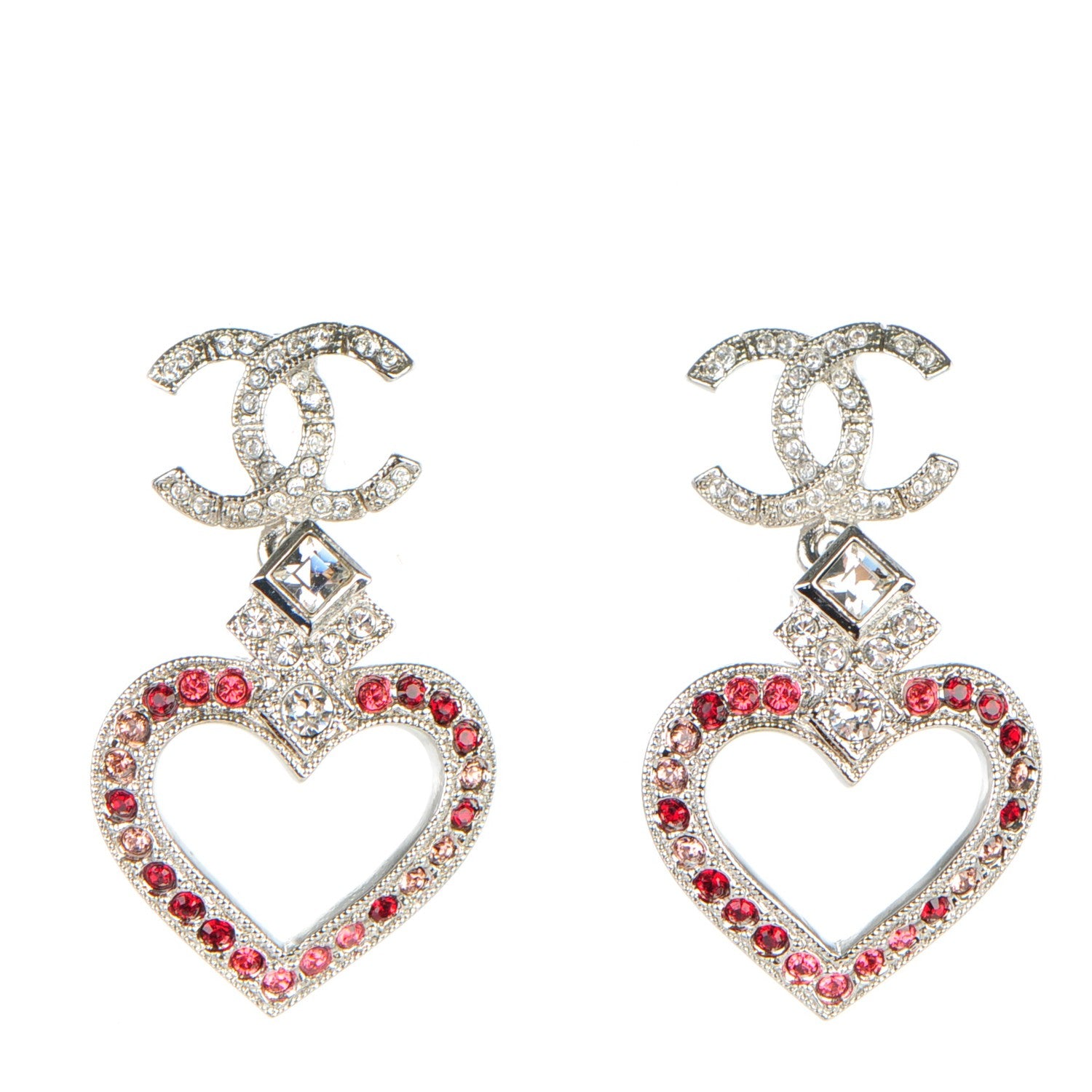 Chanel Crystal Heart CC Drop Earrings Silver 1 of 5