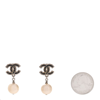 Chanel Pearl Enamel CC Drop Earrings Black Gold 2 of 5