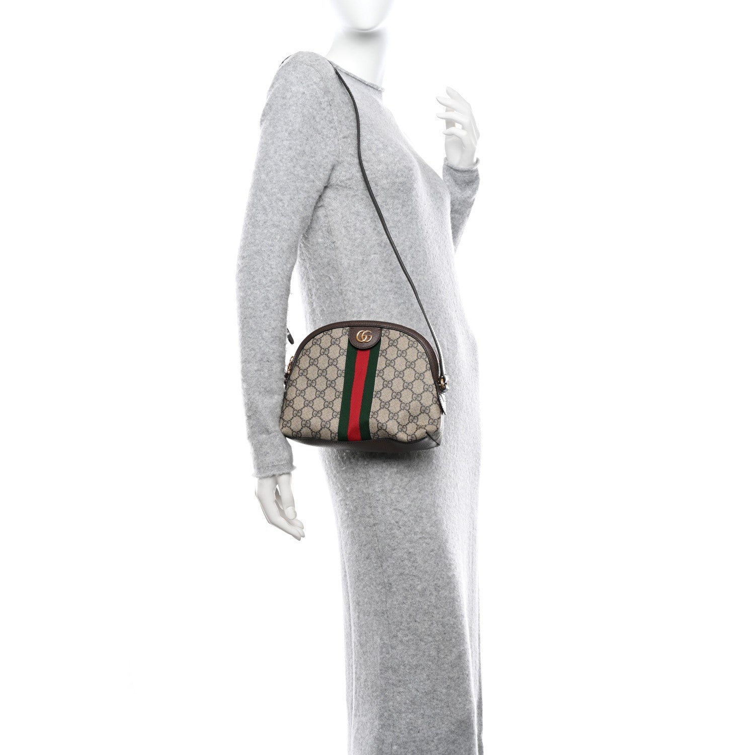 Gucci GG Supreme Monogram Textured Dollar Calfskin Web Small Ophidia Dome Shoulder Bag Beige Ebony New Acero 2 of 12