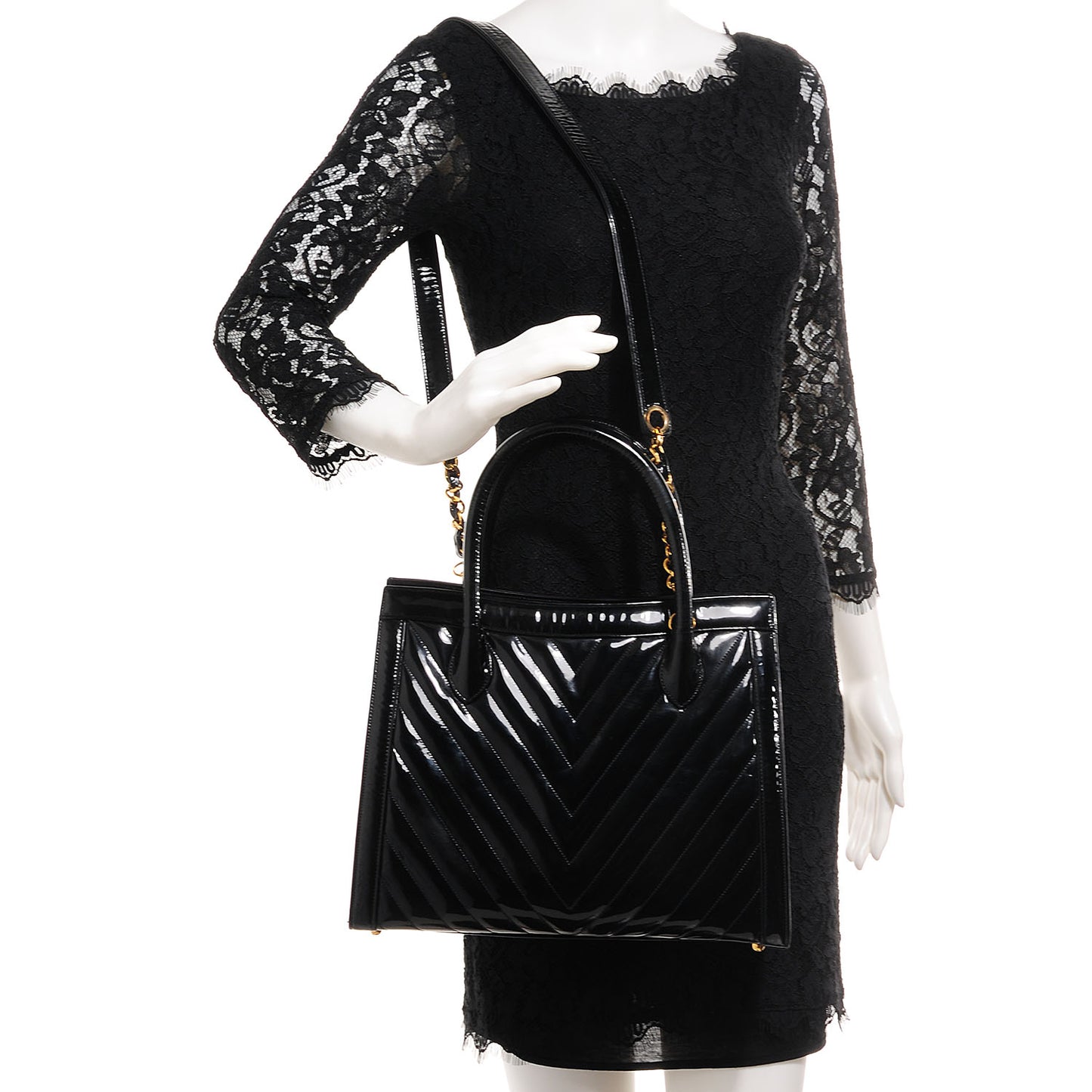 Patent Chevron Top Handle Bag Black