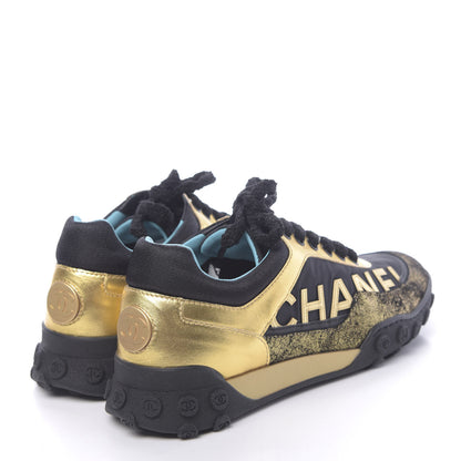 Chanel Metallic Lambskin Satin Finish Womens CC Sneakers 37.5 Black Gold 4 of 9