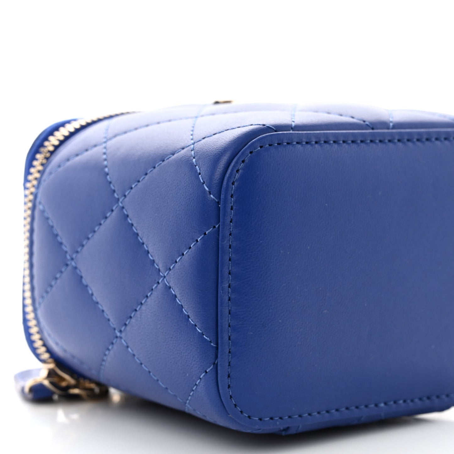 Lambskin Quilted Top Handle Mini Vanity Case With Chain Blue