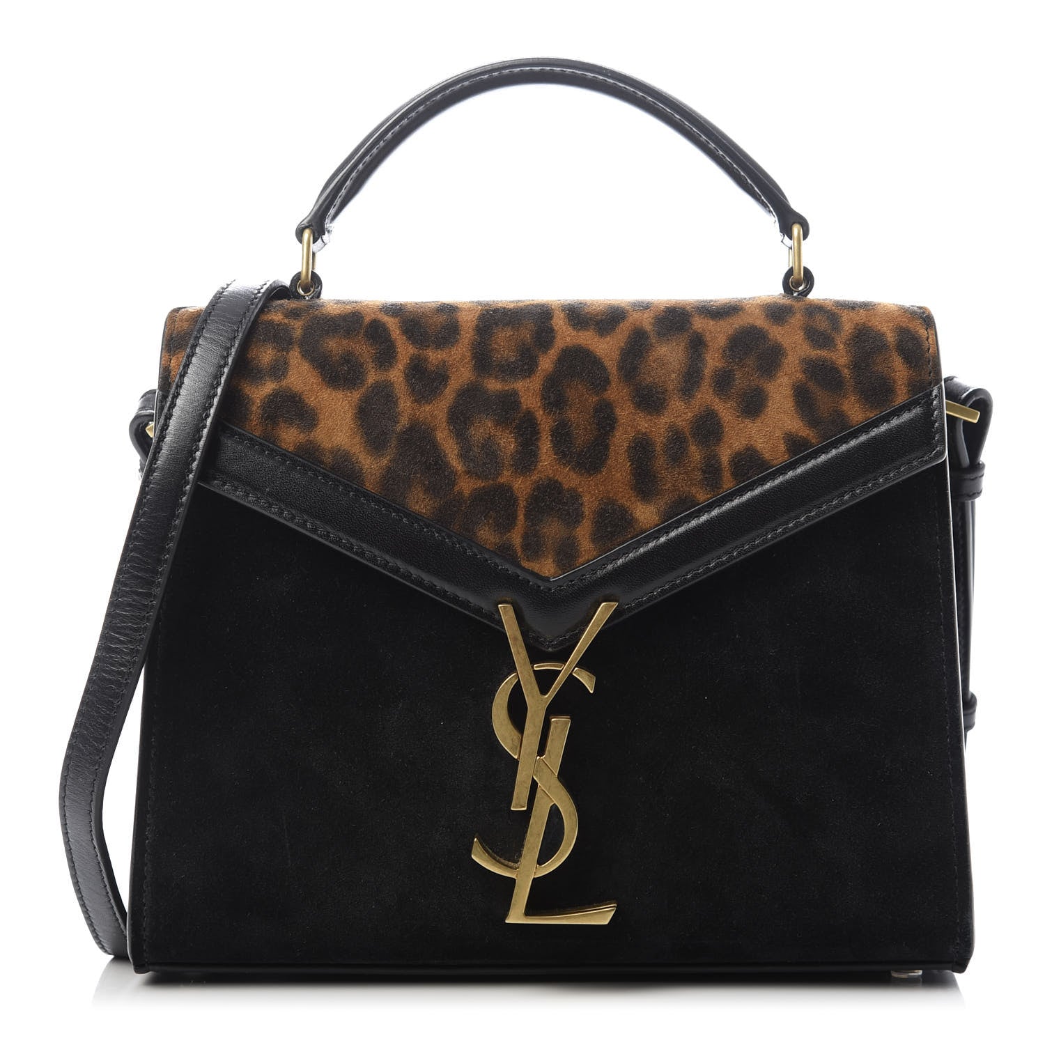 Saint Laurent Suede Leopard Print Mini Classic Monogram Cassandra Top Handle Manto Naturale Black 1 of 8