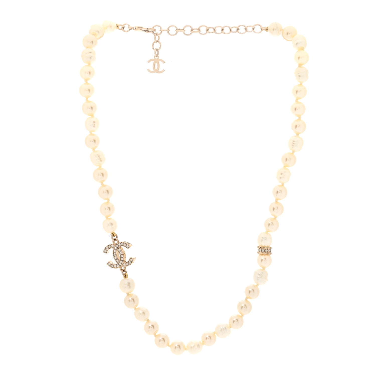 Chanel Pearl Crystal CC Short Necklace Gold White 3 of 5