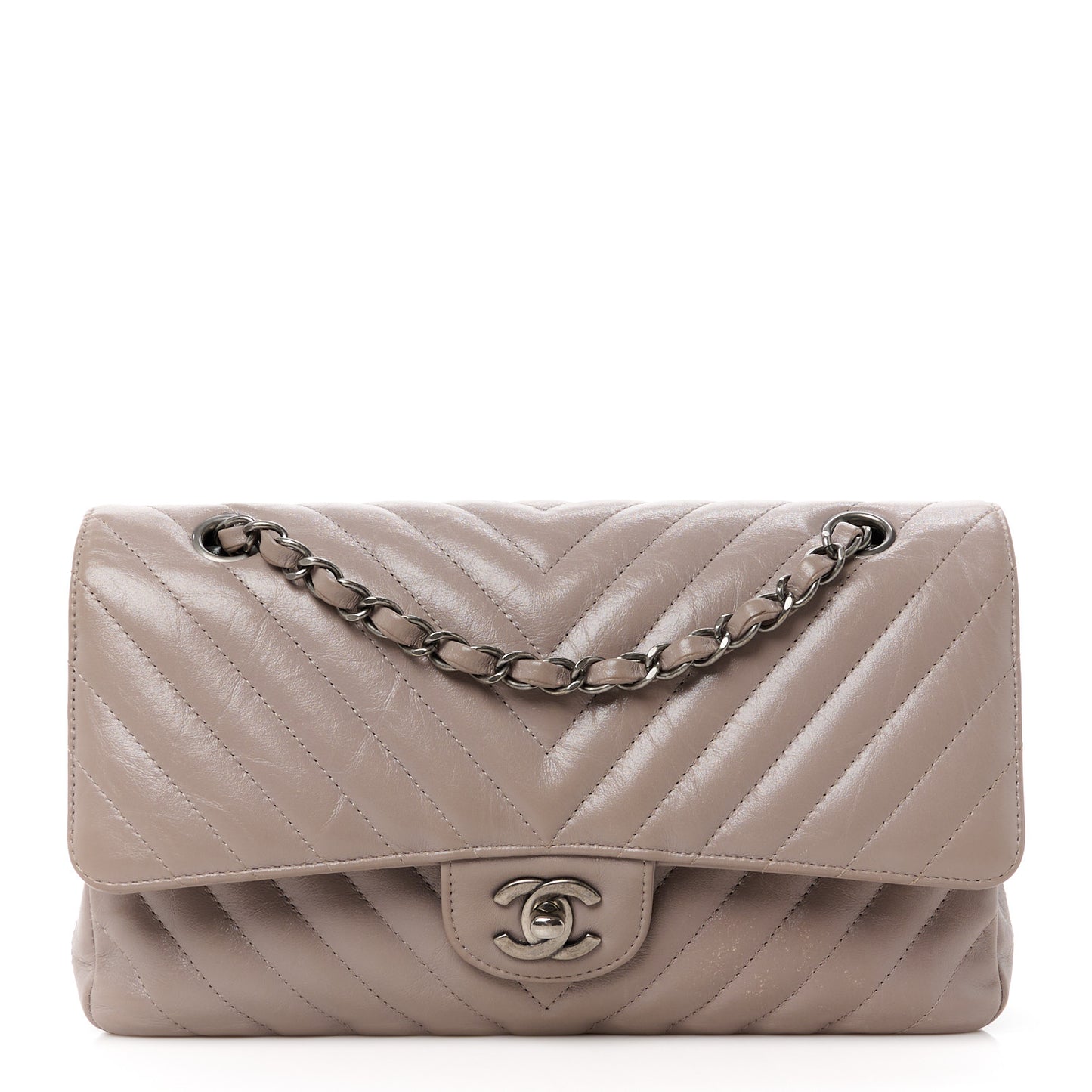 Calfskin Chevron Quilted Medium Double Flap Grey