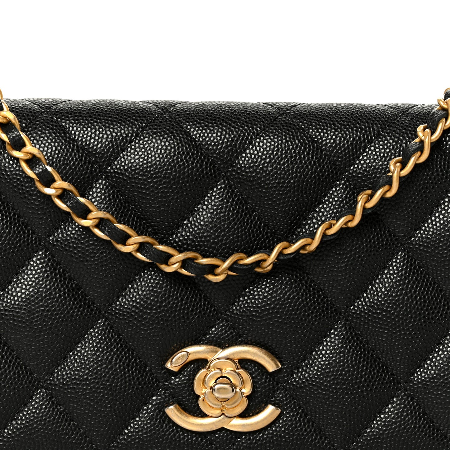 Caviar Quilted Camellia Clutch With Chain Black