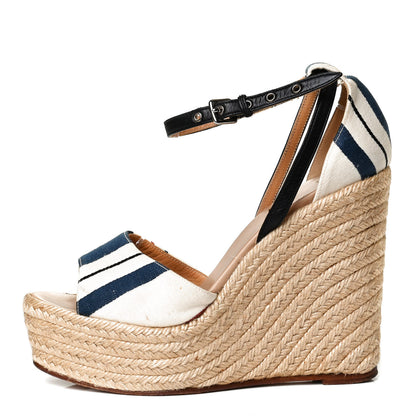 Hermes Canvas Striped Espadrille Wedge Sandals 39 1 of 9