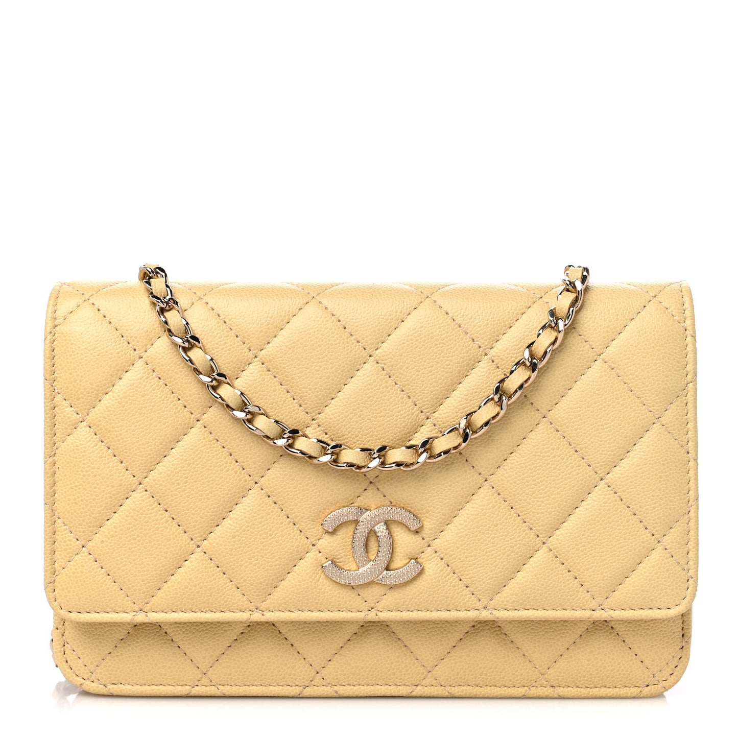 Caviar Quilted Studded CC Wallet on Chain WOC Yellow