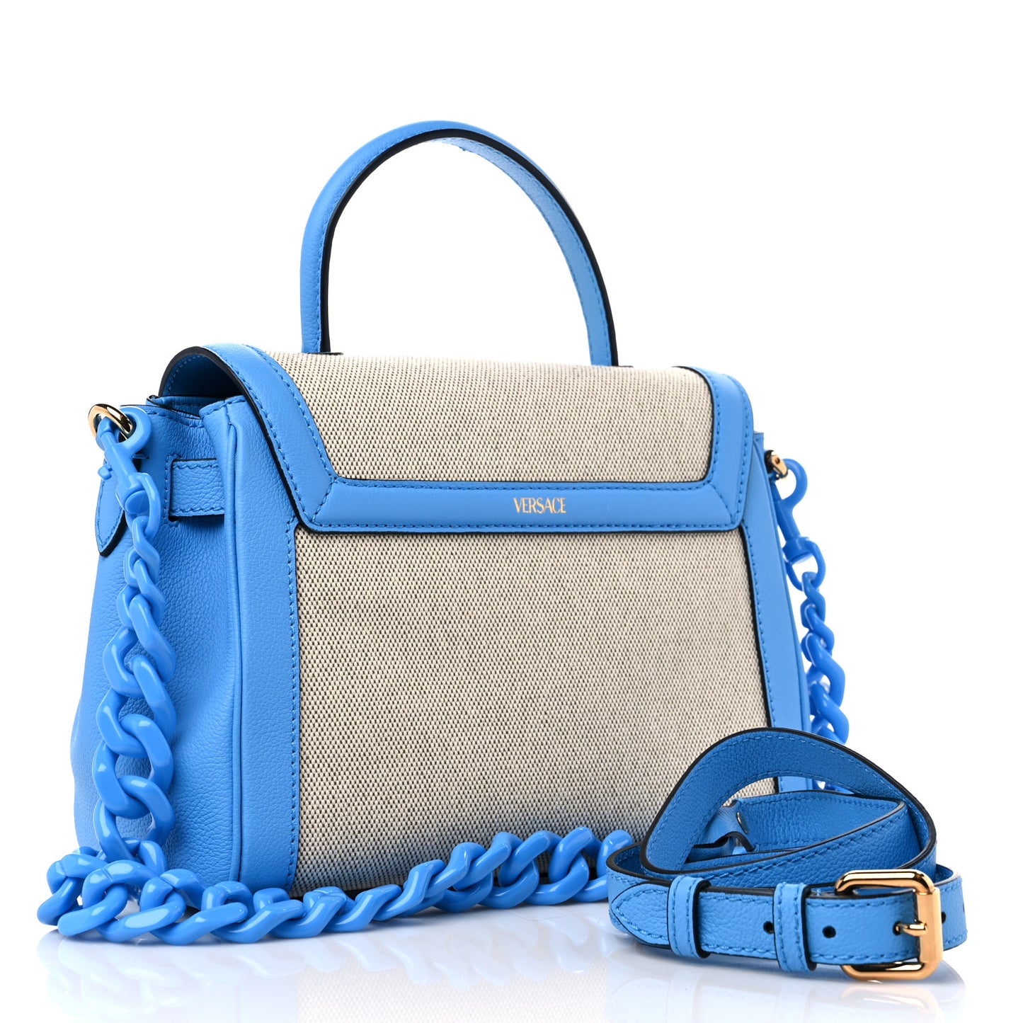Grained Calfskin Canvas Medium La Medusa Chain Top Handle Handbag Rope Blue