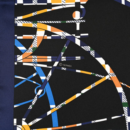 Hermes Silk Balade Ecossaise Scarf 90 Black Bleu Jaune D'or 4 of 5