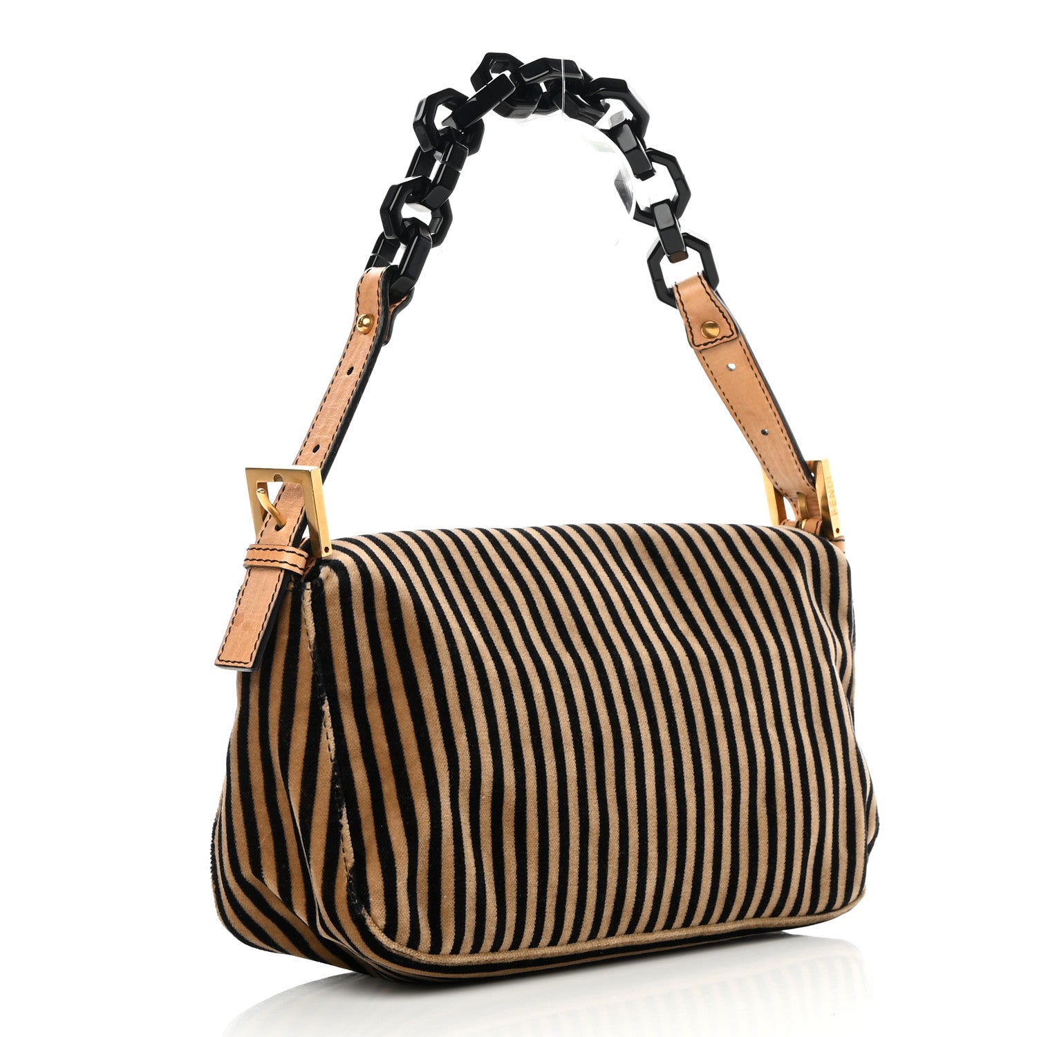 Fendi Velvet Striped Baguette Black Beige 3 of 11