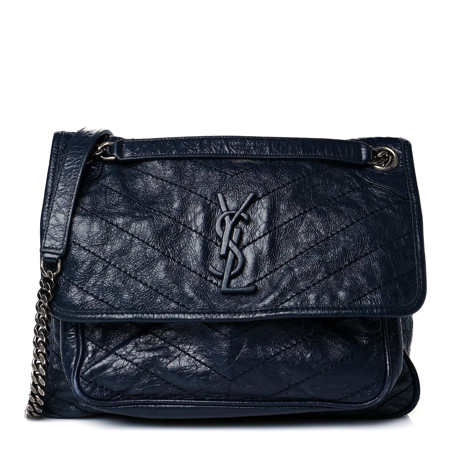Crinkled Calfskin Matelasse Monogram Medium Niki Chain Satchel Deep Marine