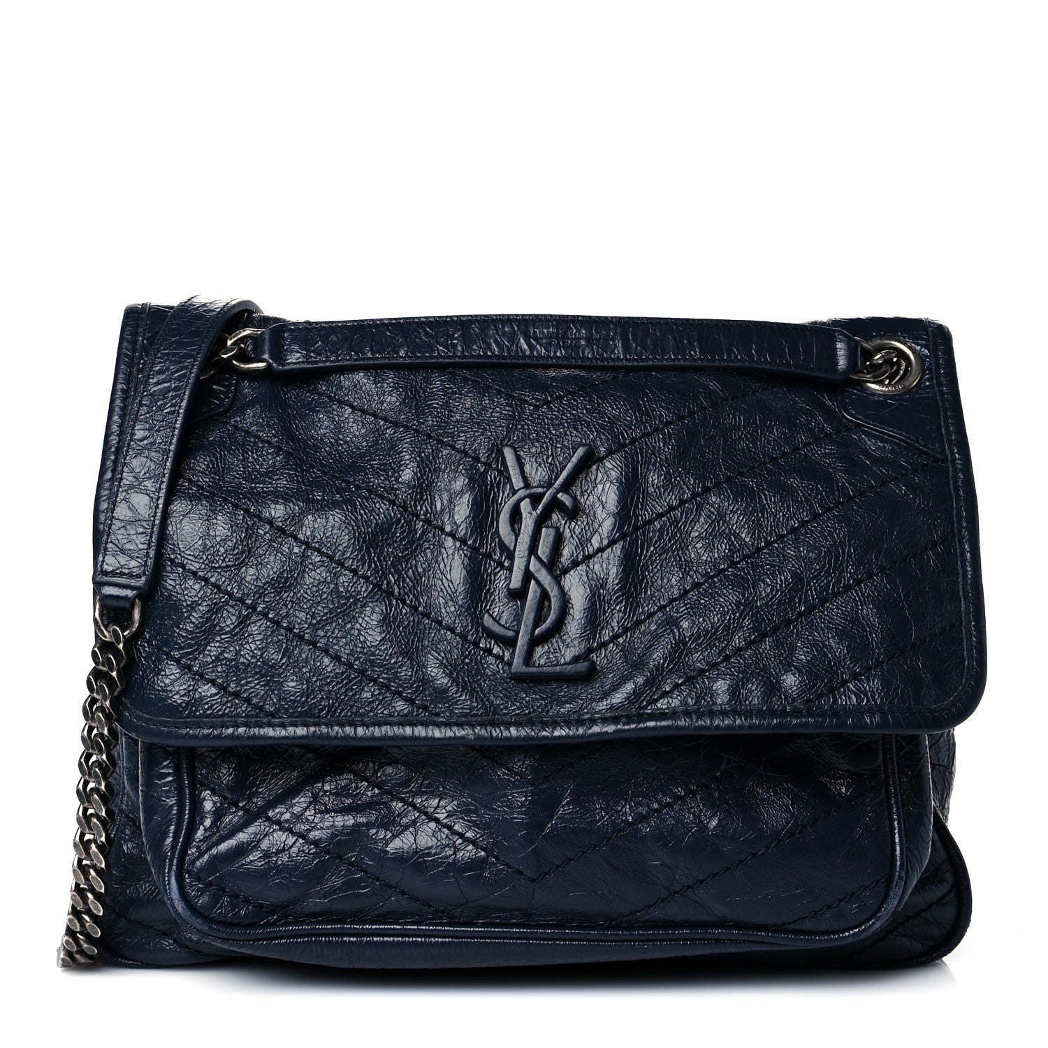 Saint Laurent Crinkled Calfskin Matelasse Monogram Medium Niki Chain Satchel Deep Marine 1 of 14