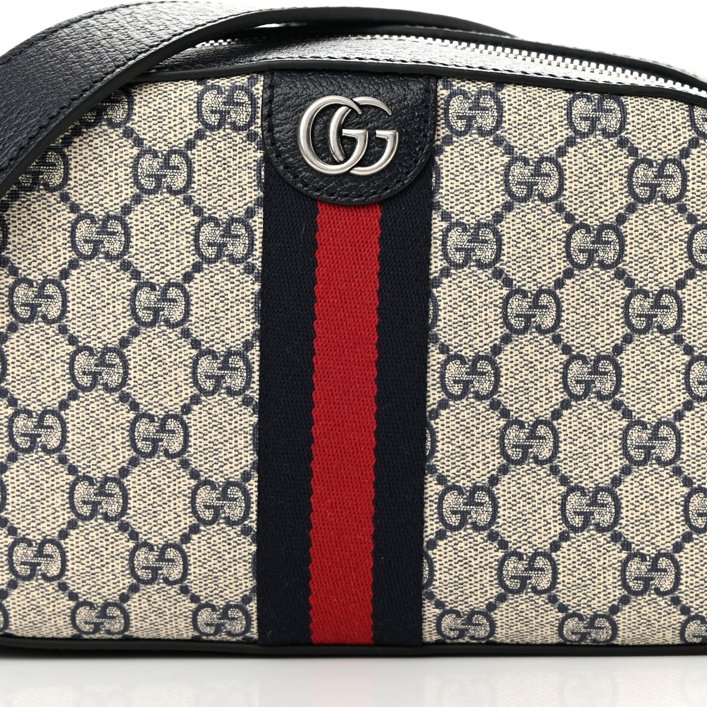 GG Supreme Monogram Textured Dollar Calfskin Web Small Ophidia Camera Bag Beige Blue