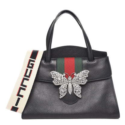 Gucci Grained Calfskin Web Crystal Butterfly Stripe Medium Totem Top Handle Bag Black 1 of 10