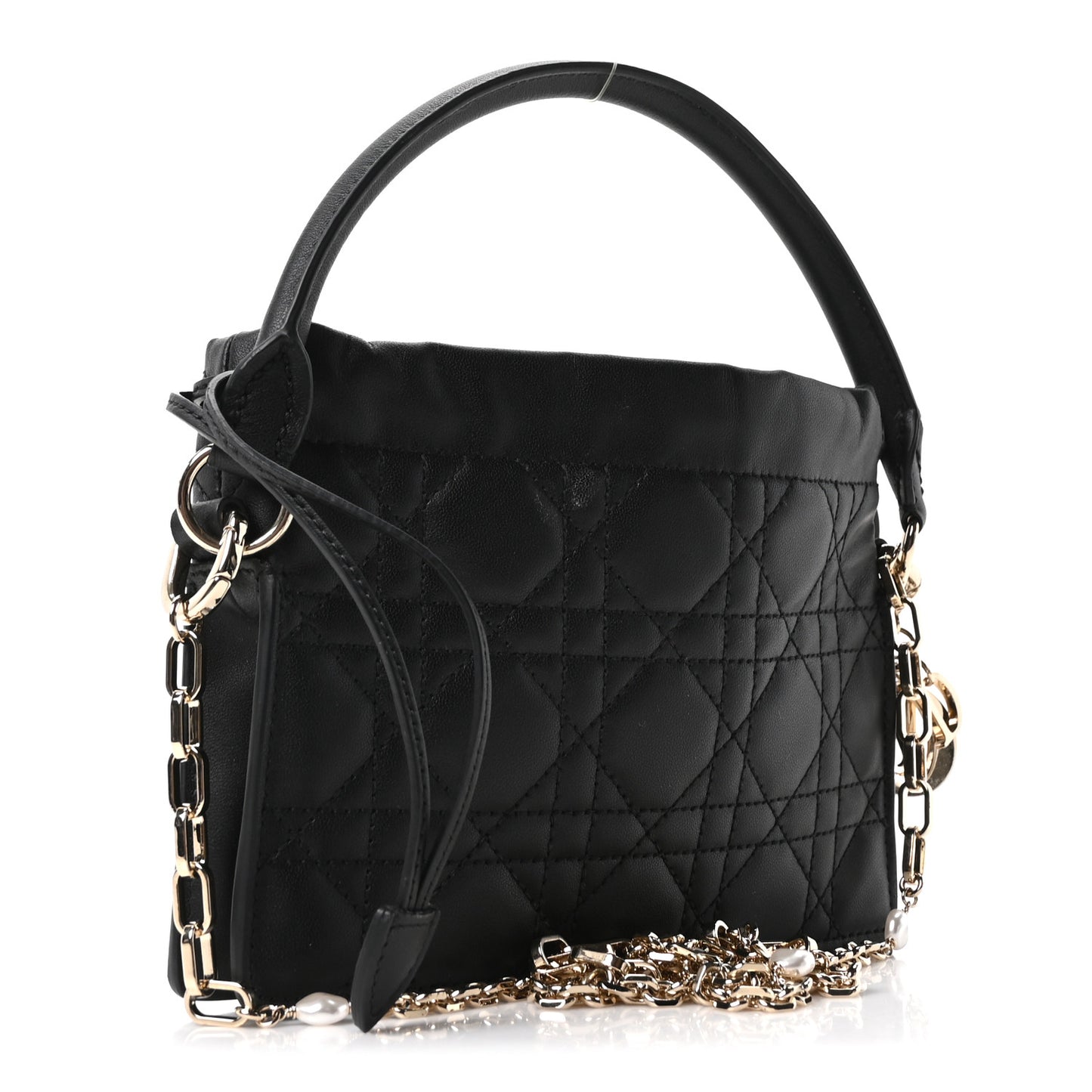 Lambskin Cannage Mini Top Handle Drawstring Bag Black
