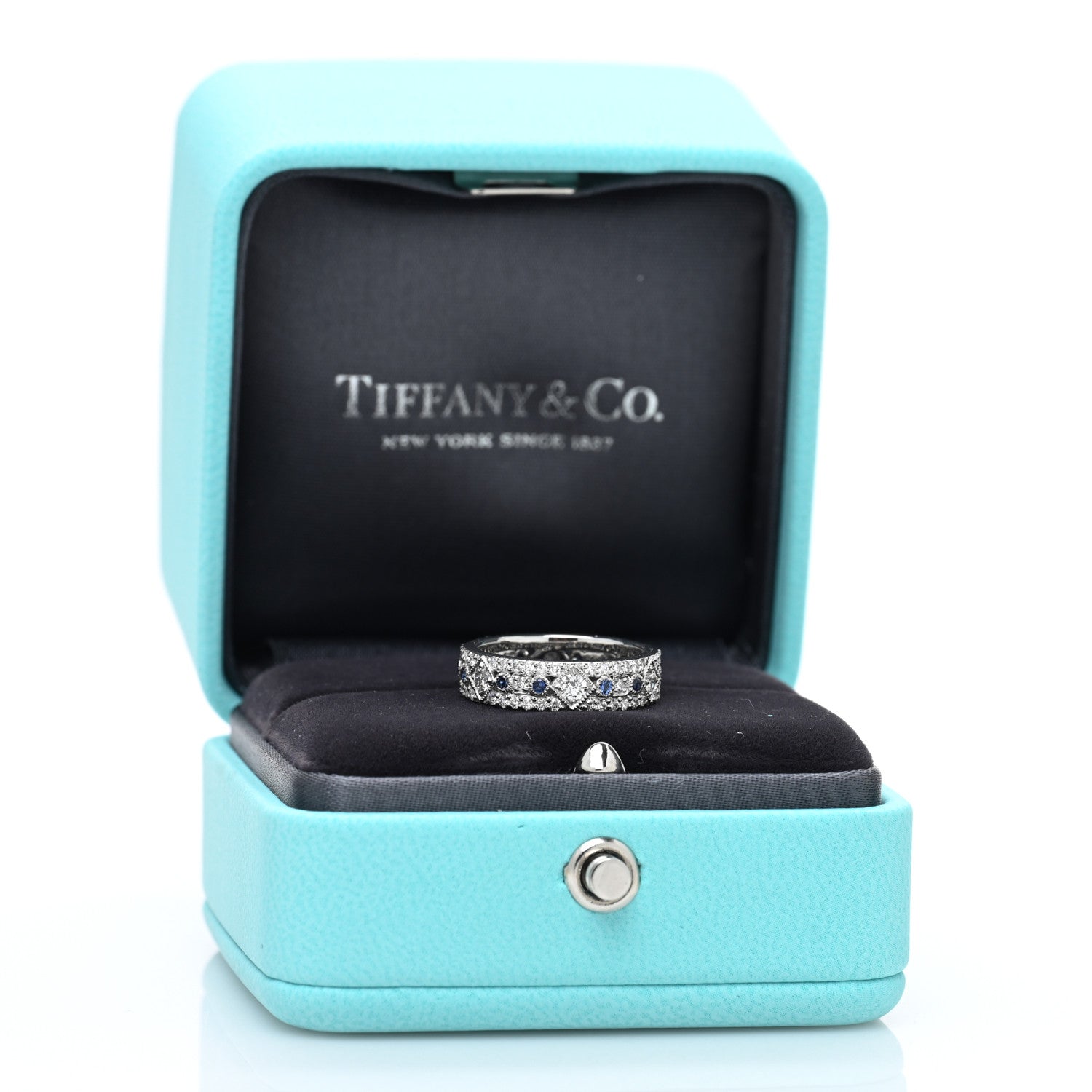 Tiffany Platinum Diamond Blue Sapphire 4.5mm Jazz Band Ring 47 4 5 of 5