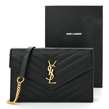 Saint Laurent Grain De Poudre Matelasse Chevron Monogram Envelope Chain Wallet Black 11 of 11