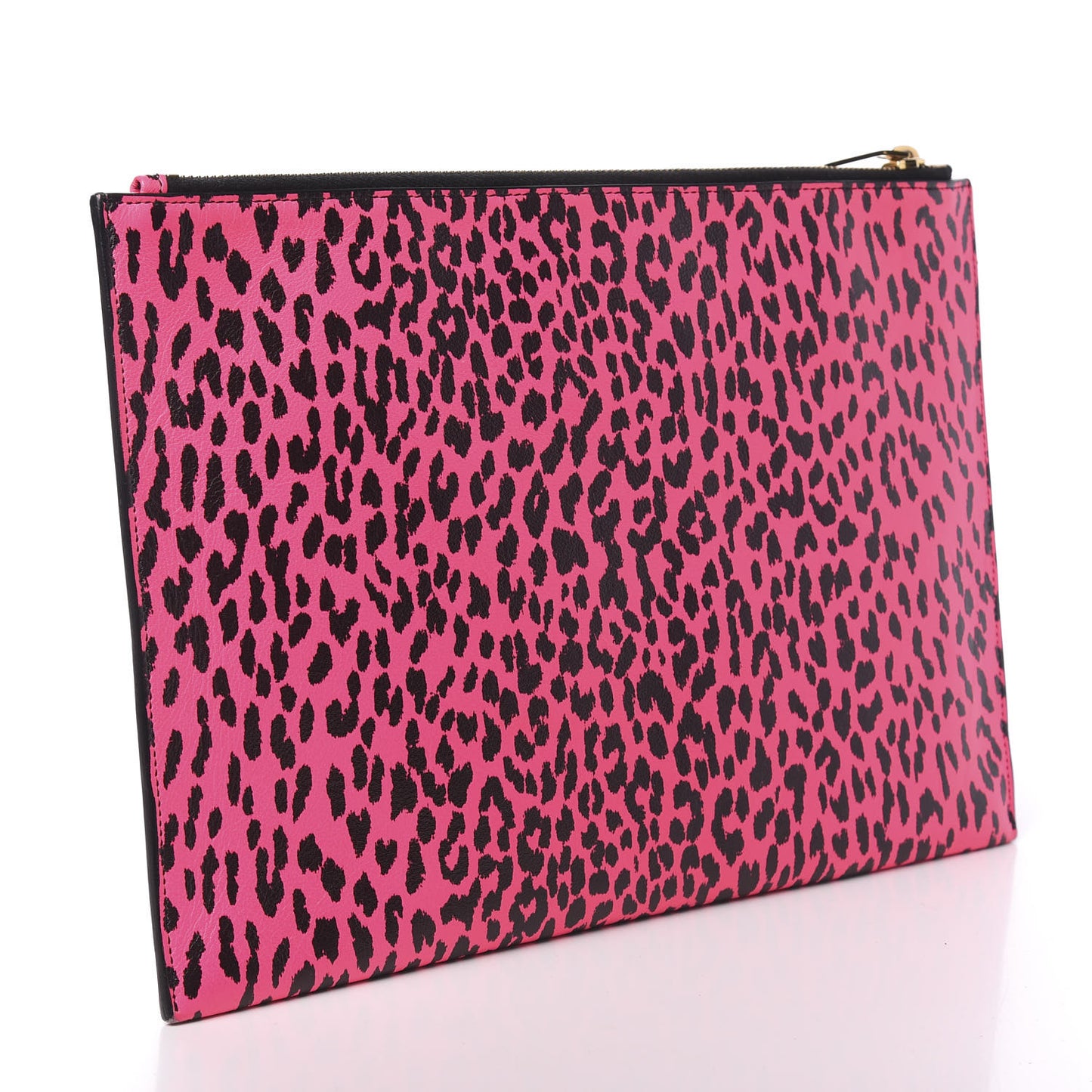 Calfskin Baby Cat Print Medium Zip Clutch Hot Pink