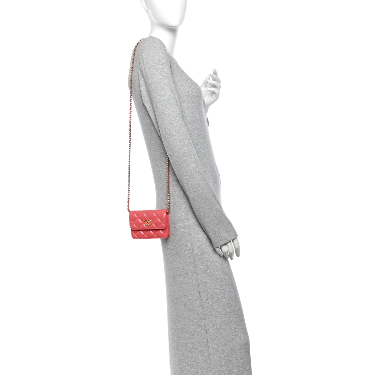Shiny Lambskin Quilted Card Holder On Chain Pink