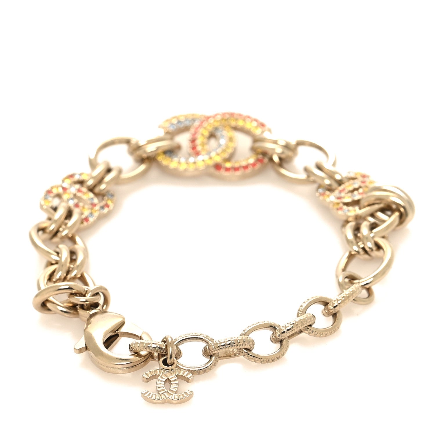 Chanel Metal Crystal Rainbow CC Chain Bracelet Gold Pink Yellow Blue 3 of 4