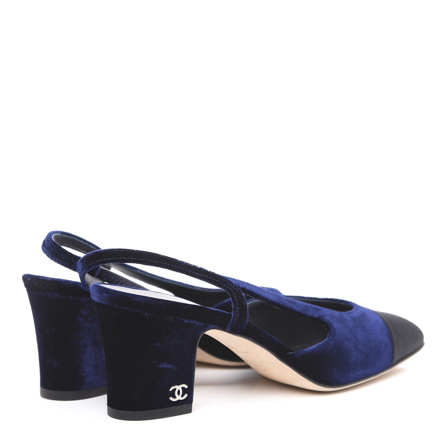 Velvet Grosgrain Cap Toe CC Slingback Pumps 35.5 Blue Black