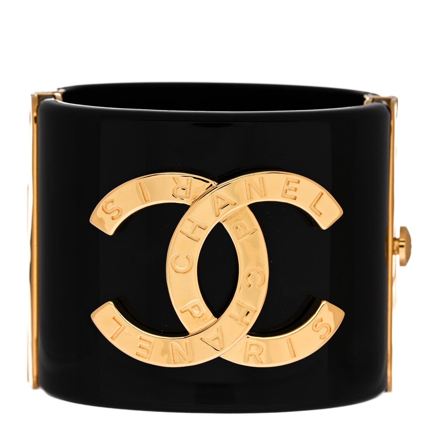 Chanel Resin CC Paris Button Cuff Bracelet Black Gold 1 of 5
