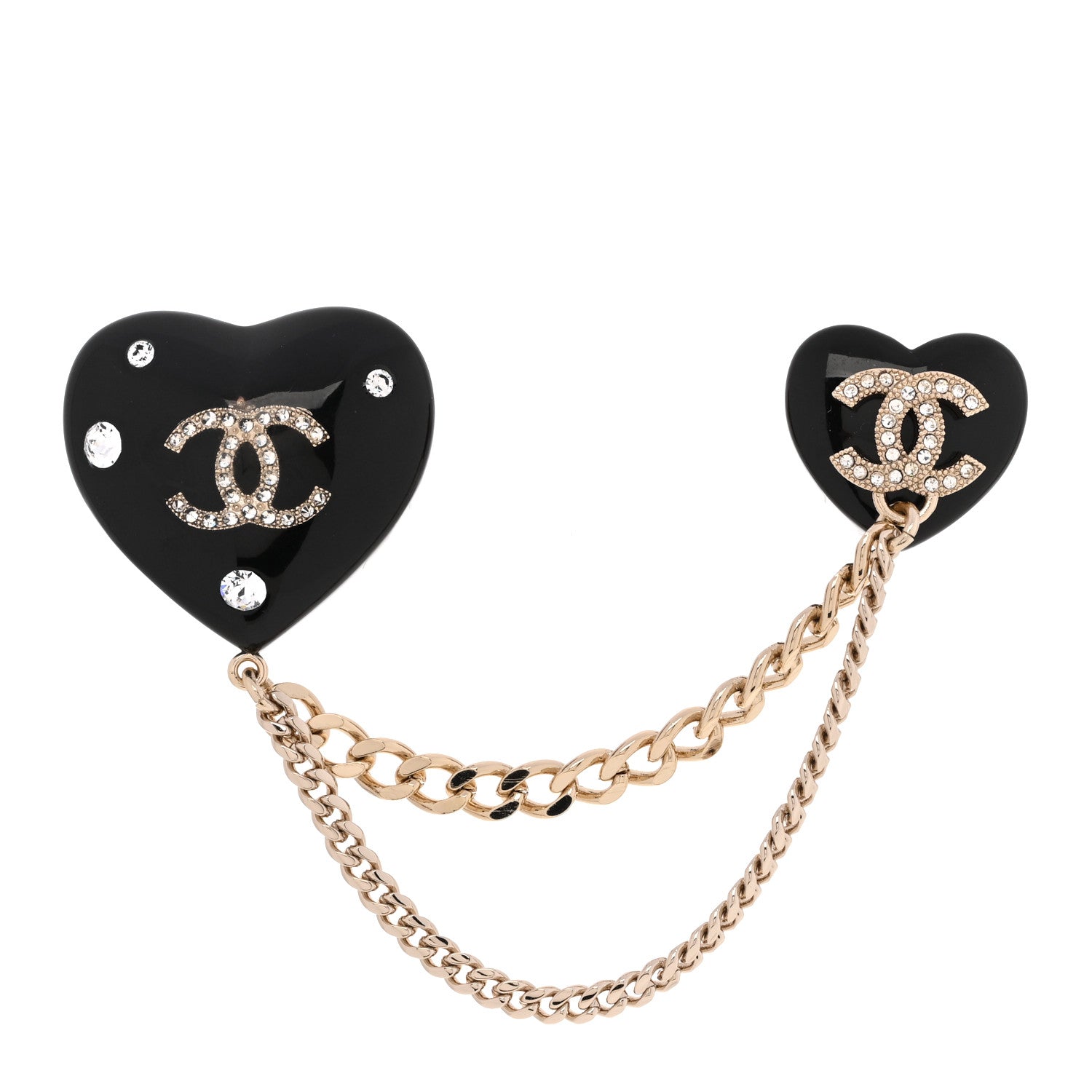 Chanel Resin Crystal CC Heart Multi Strand Chain Brooch Black Gold 1 of 5